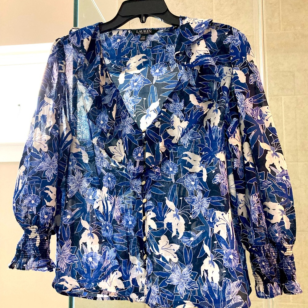 Blue patterned peasant blouse